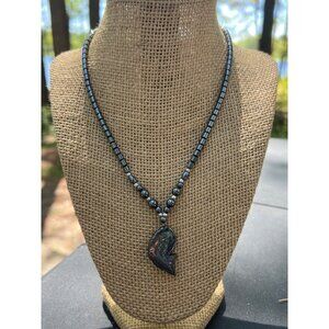 Hematite Gemstone Beaded Necklace With Carved Koi Fish Pendant Screw Barrel 17"